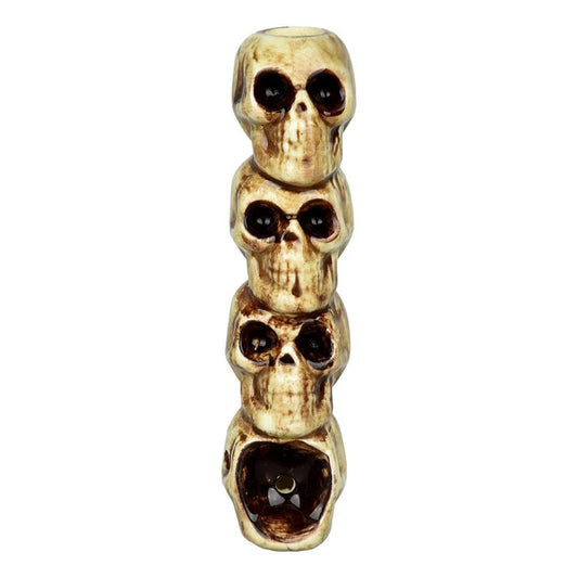 Front view of the “4” Skulls Ceramic Hand Pipe, showing four stacked skulls forming a small, decorative ceramic piece.