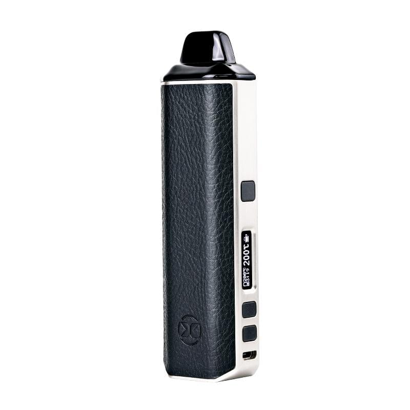 Tall three-quarter view of the blue XVAPE Aria Vaporizer standing upright on a white background, showing its textured side grip, black mouthpiece, and small side display.