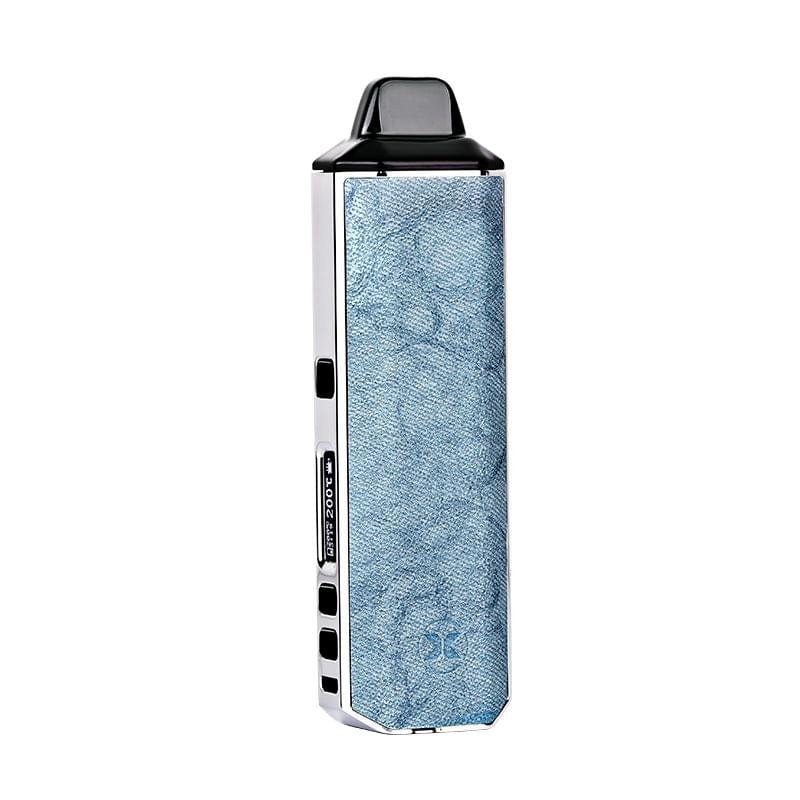 Front view of the black XVAPE Aria Vaporizer showing its rectangular body with a light blue textured front panel and glossy black mouthpiece.