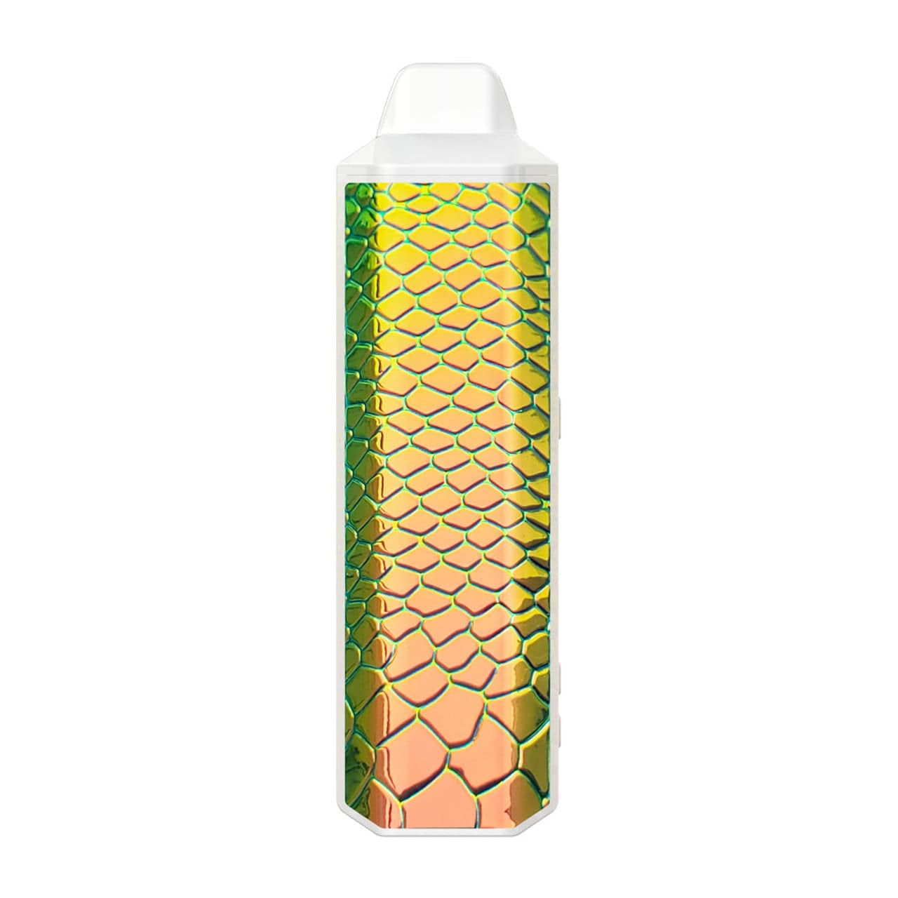 Straight-on view of a white XVAPE Aria Vaporizer with a vertical iridescent honeycomb panel in green and gold tones against a white background
