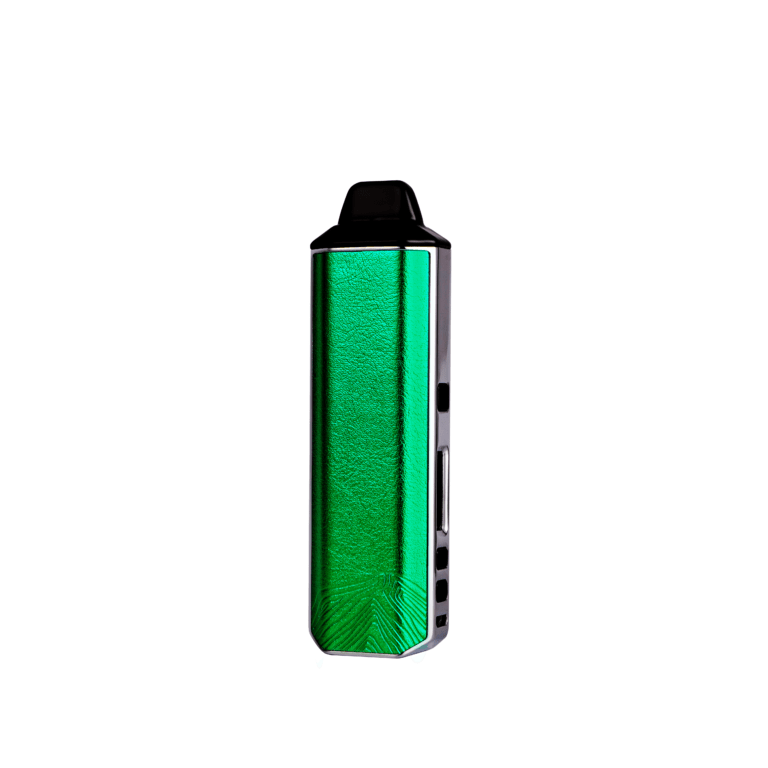 Center-frontal shot of the XVAPE Aria Vaporizer showing its metallic green face panel, black mouthpiece and side control openings against a white background.