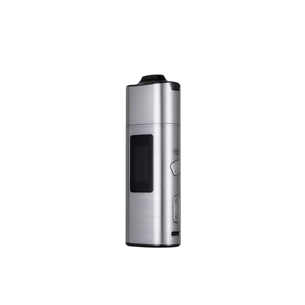 Front view of the silver XVAPE Roffu, a sleek, cylindrical device with subtle button details and a matte finish.