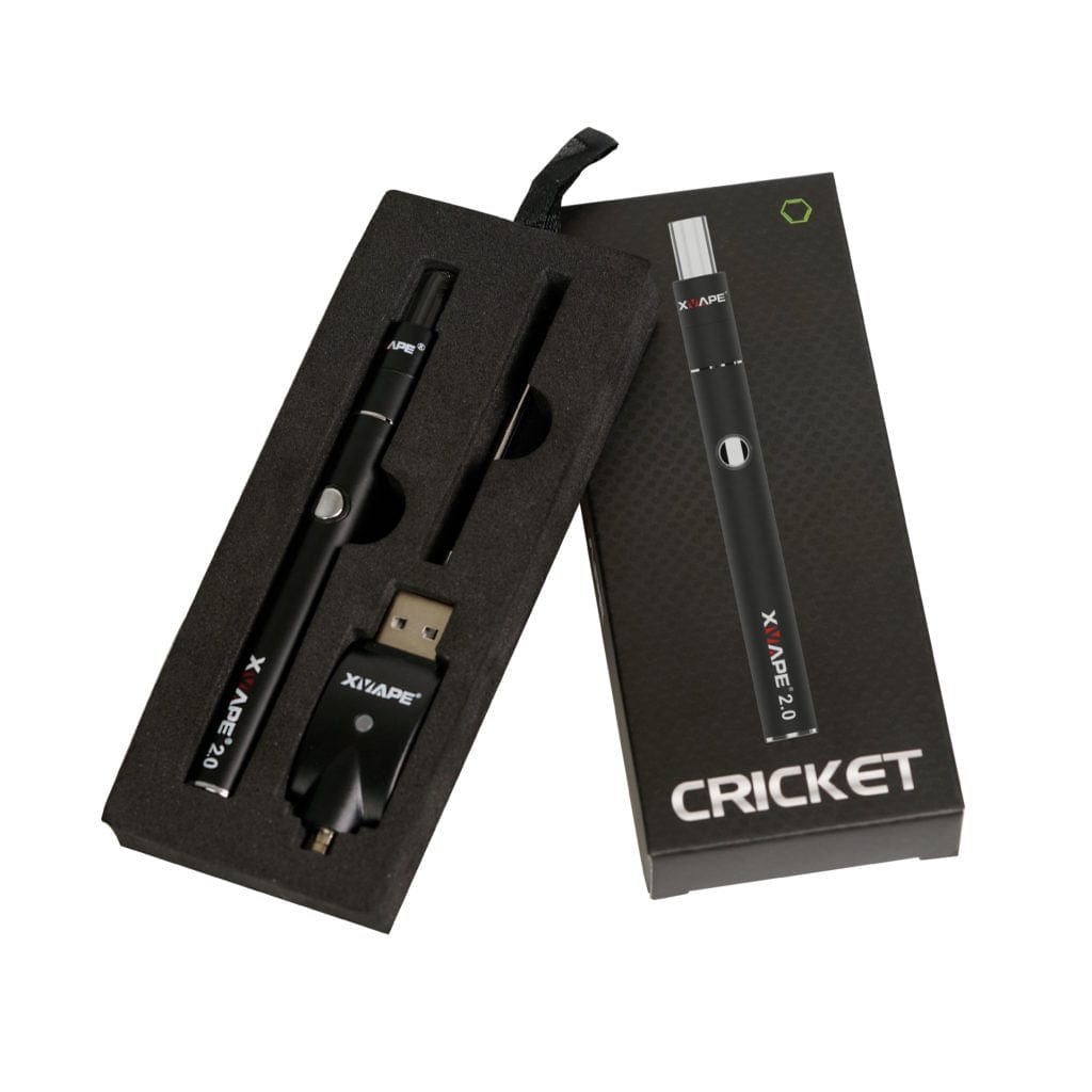 Front view of the XVAPE Cricket+ vaporizer laying inside its open black case, highlighting its sleek cylindrical design.