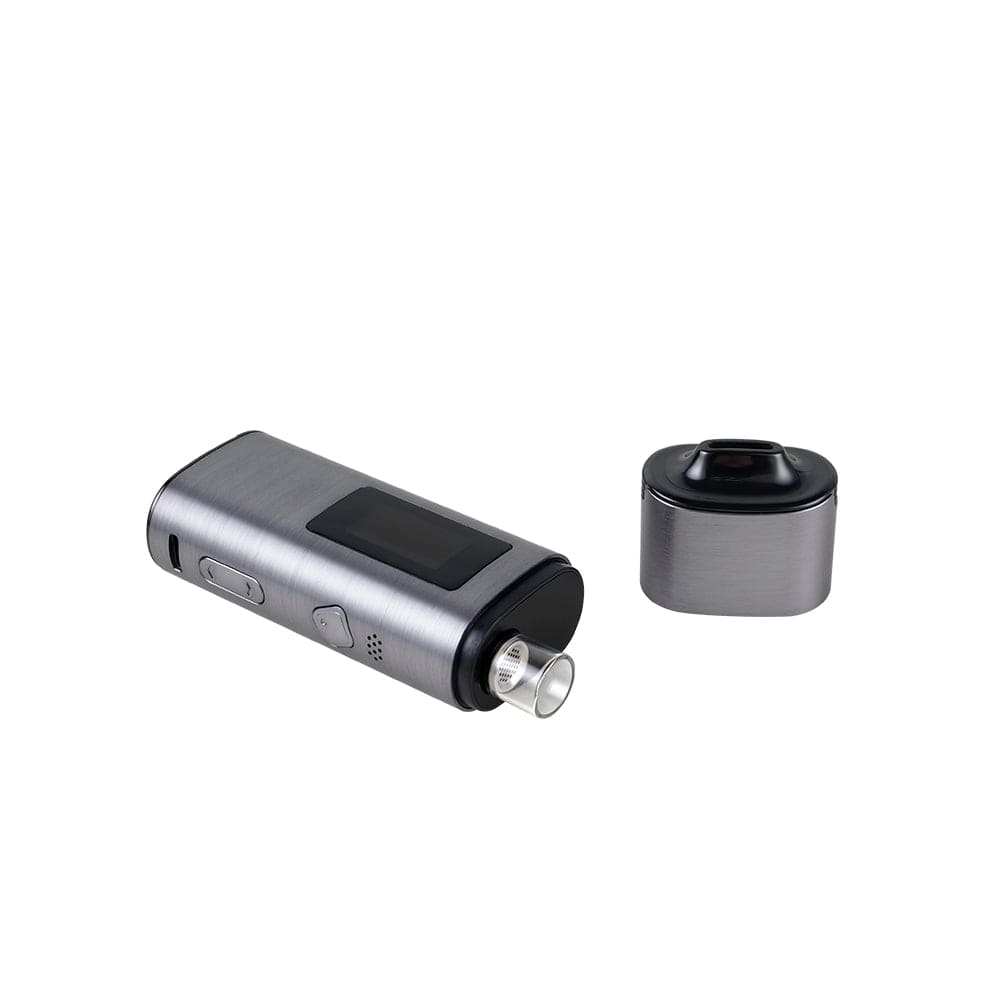 A slightly angled view of the XVAPE Roffu, displaying its sleek, dark gray design and compact size against a plain white backdrop.