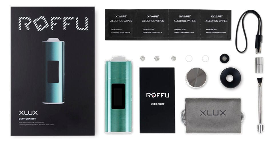 A close-up shot of the XVAPE Roffu packaging and included accessories, displayed against a black background.