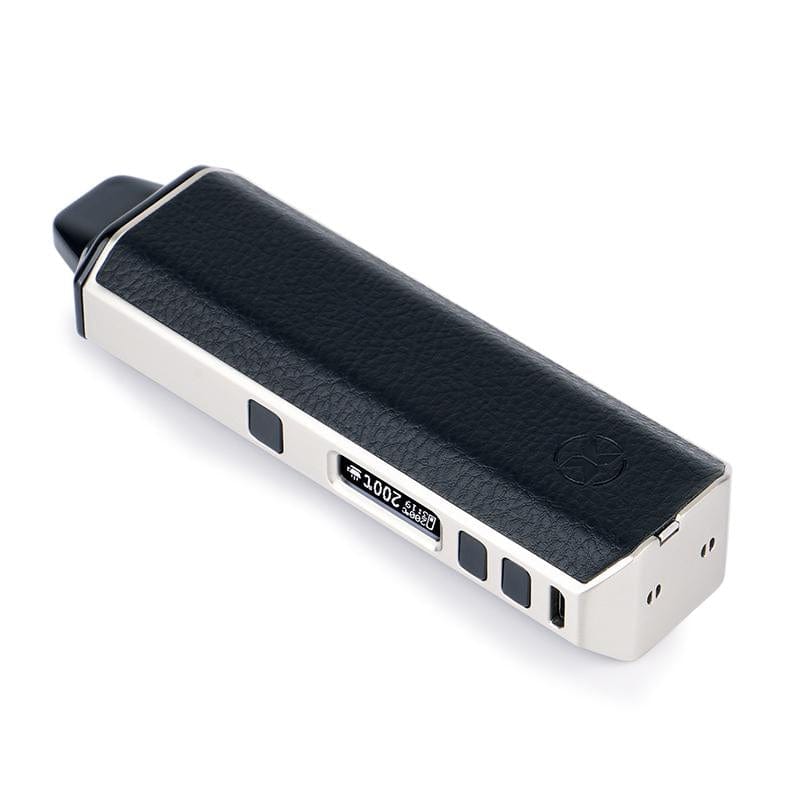 Angled top-down view of the black-leather trimmed XVAPE Aria Vaporizer resting on a white background, showing its control buttons and small display.