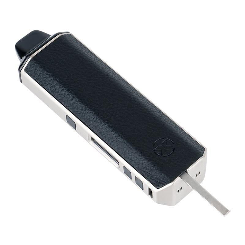 Angled top view of the black-leather paneled XVAPE Aria vaporizer with a silver edge and exposed metal strip on a white background
