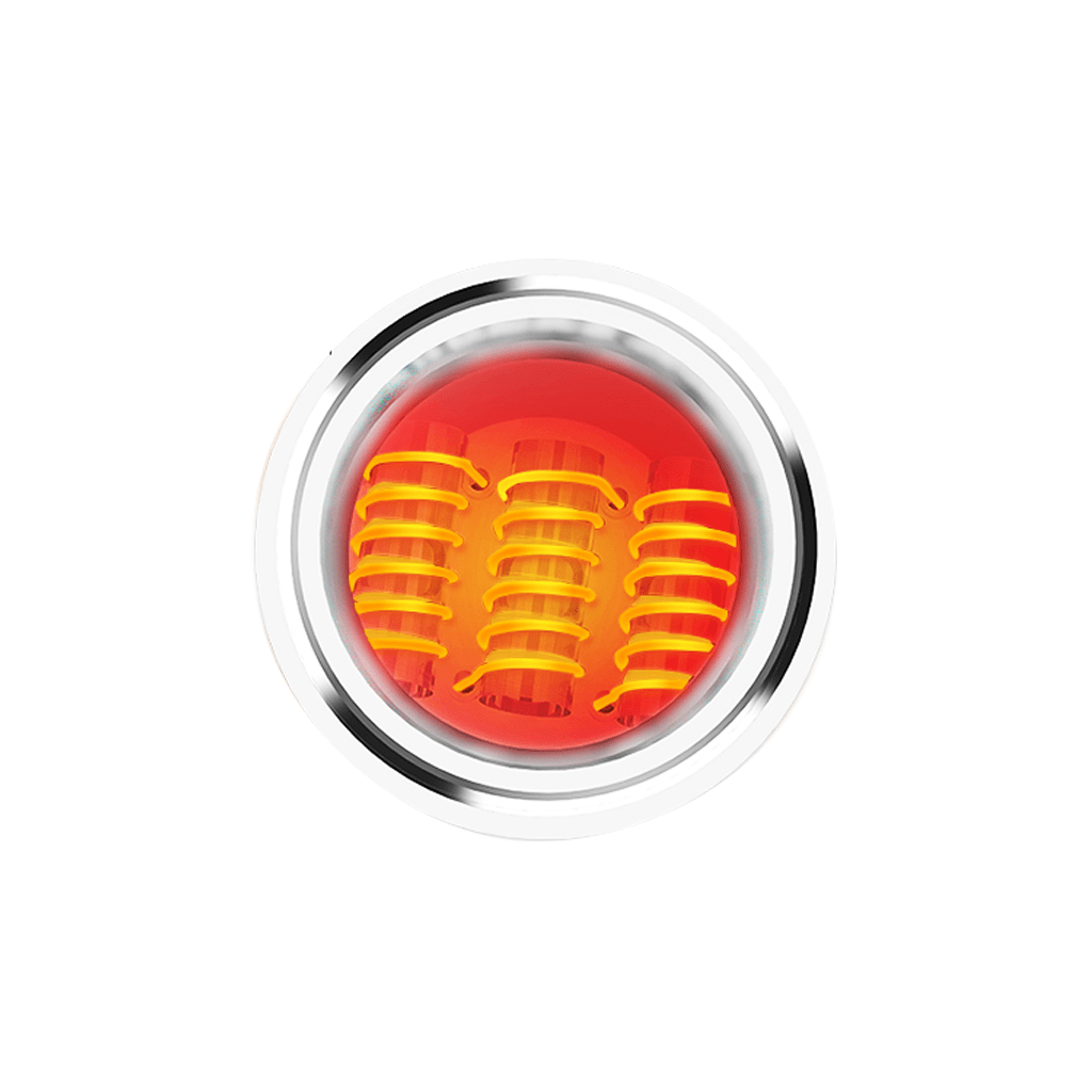 Top-down view of the glowing coil assembly inside the Yocan Evolve Plus / Regen Coils, showing three yellow-orange spiral heaters in a chrome circular housing.
