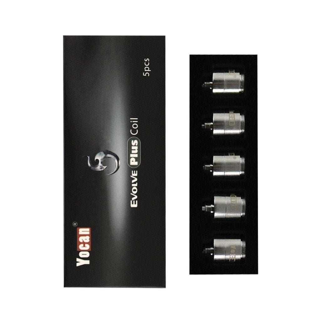 Top-down view of a black box and five silver replacement coils neatly arranged in foam, showing the Yocan Evolve Plus / Regen Coils branding.