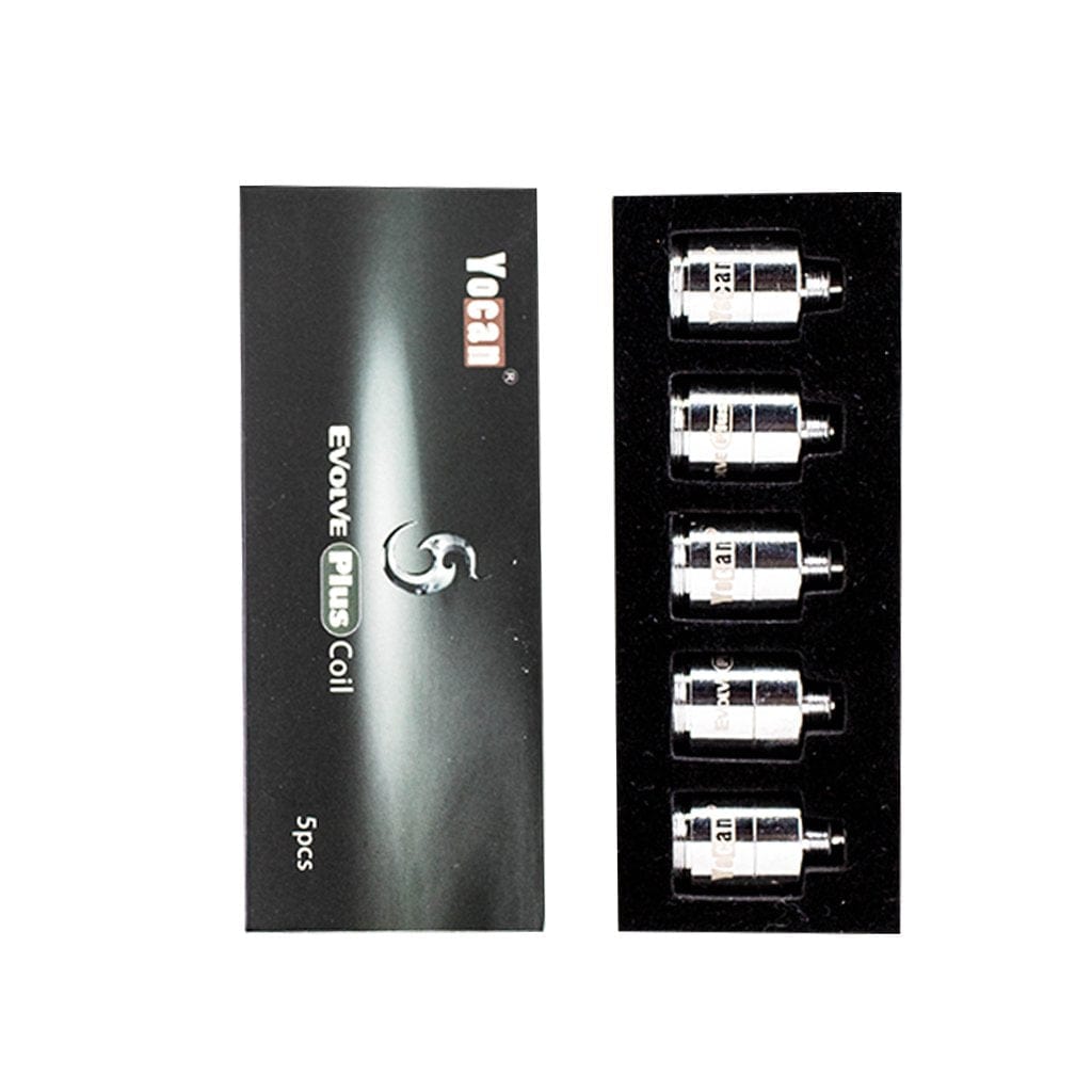 Top-down view of five chrome Yocan Evolve Plus / Regen Coils neatly aligned in black foam beside their black branded box.