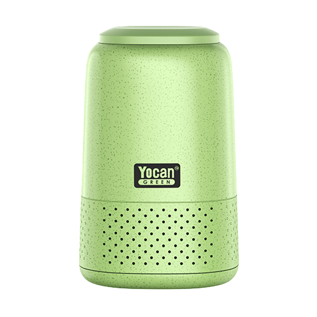 Front-facing studio shot of a speckled pink Yocan Cloak Air Filter with a perforated lower grille and centered logo on a white background