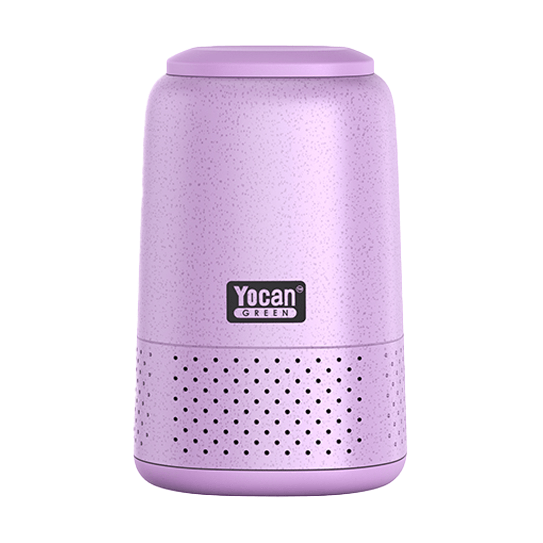 Centered front view of a purple Yocan Cloak Air Filter with a speckled finish, perforated lower band, and visible Yocan logo.