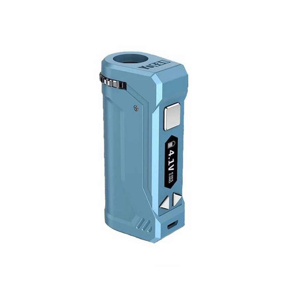 Angled front view of a light blue Yocan UNI Pro device showing its rectangular OLED screen, silver buttons and rounded top port against a white background