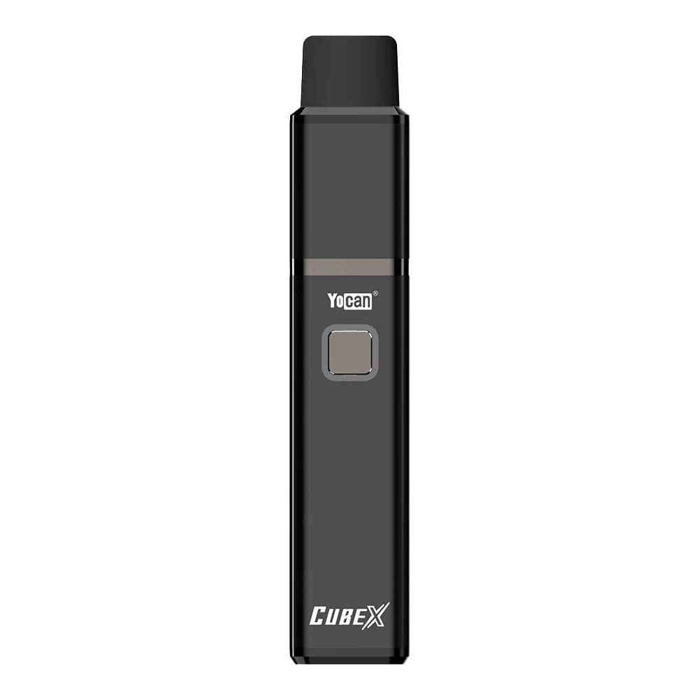 Front view of the Cubex Concentrate Vaporizer, a sleek, black device with a minimalist design, isolated on a white background.