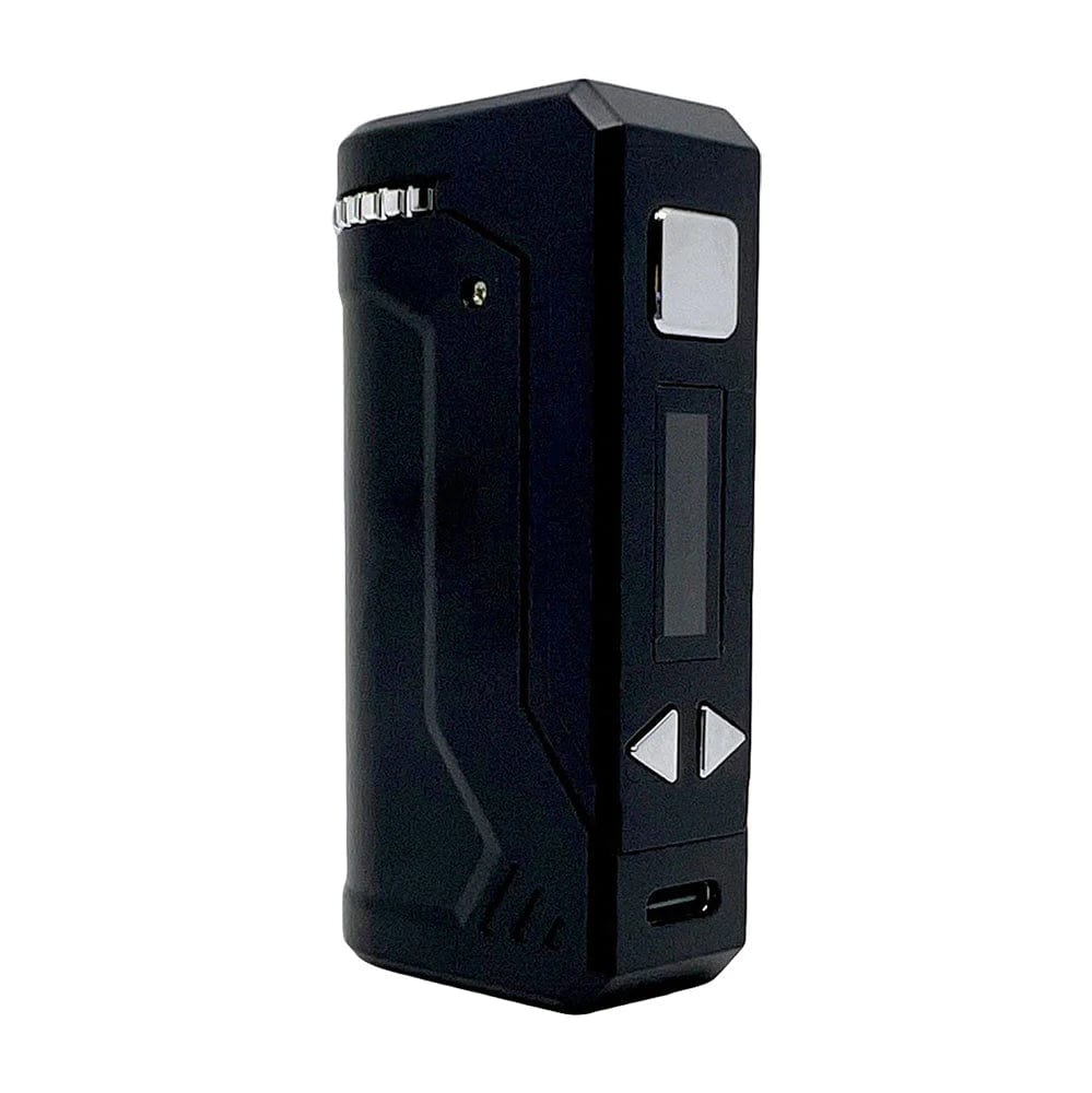 Front view of the Yocan UNI Pro Box Mod, a black, rectangular device with a digital display and several small buttons.