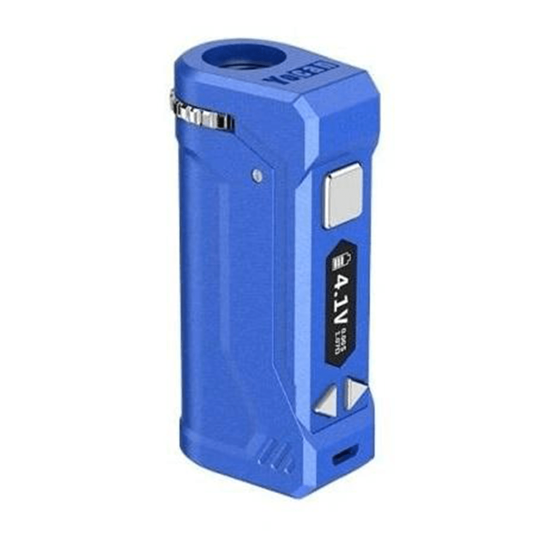 Angled front view of a blue Yocan UNI Pro handheld device showing its rectangular body, top opening, side buttons and small digital display.