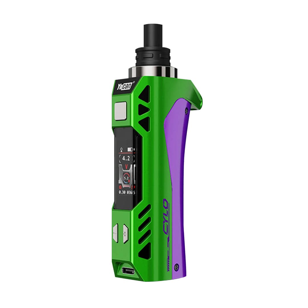 Angled front view of the green and purple Yocan Cylo Vaporizer showing its top mouthpiece, side controls, and small OLED display.