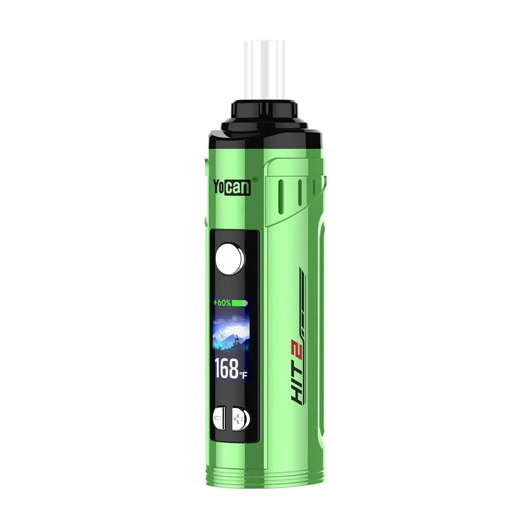 Front-facing view of a green Yocan Hit 2 Vaporizer standing upright on a white background, showing its black mouthpiece, circular power button and digital temperature display reading 168°F.