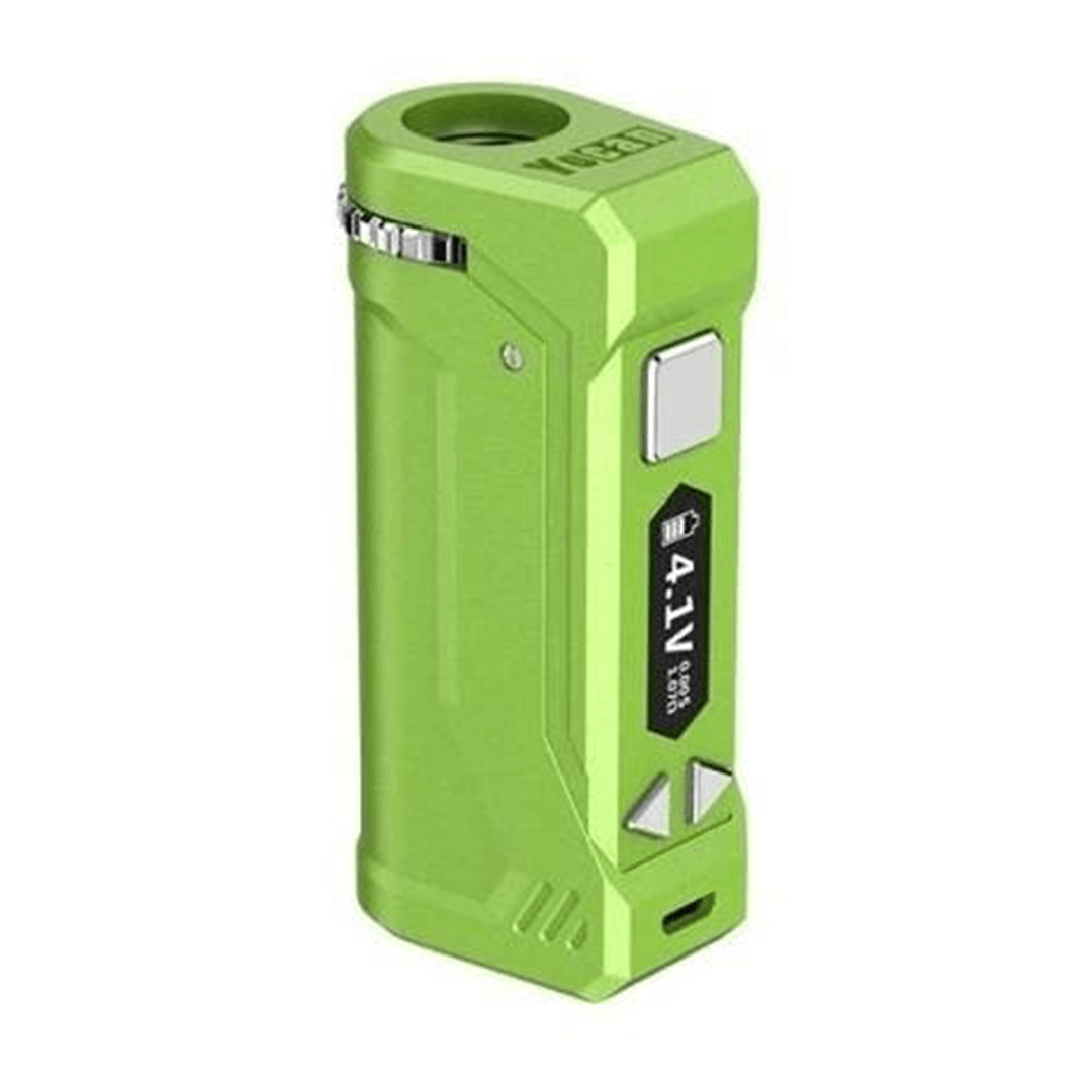 Angled front view of a lime-green Yocan UNI Pro showing its rectangular body, side buttons, small digital display, and top threaded opening.