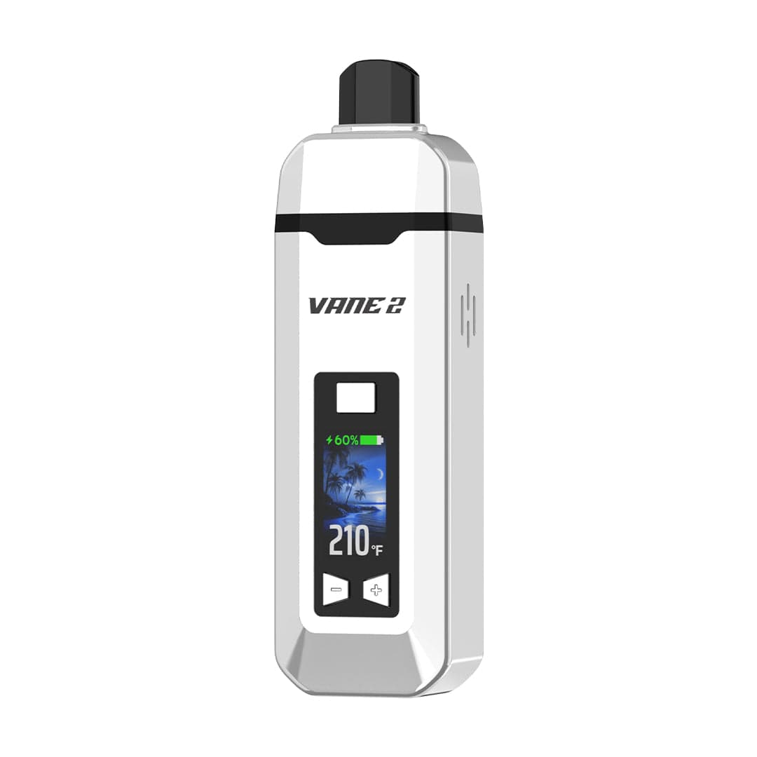 Straight-on front view of a white Yocan Vane 2 Vaporizer showing its black mouthpiece, centered color display reading 210°F and 60% battery, on a white background