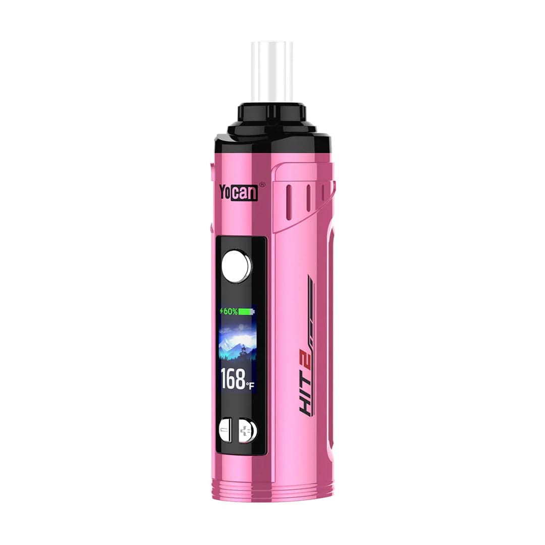 Front-facing view of the pink Yocan Hit 2 Vaporizer standing upright on a white background, showing its black top mouthpiece, central circular button and digital display reading 168°F.