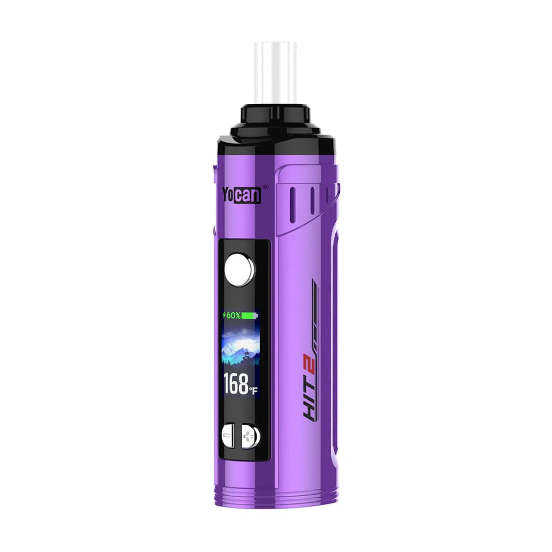 Front view of a purple Yocan Hit 2 Vaporizer standing upright on a white background, showing its black mouthpiece, circular power button and digital display reading 168°F.