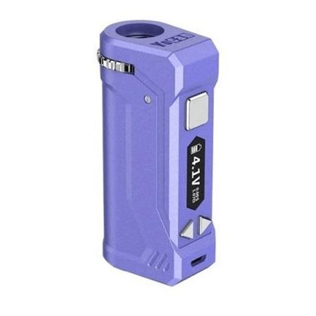 Angled front view of a purple Yocan UNI Pro showing its rectangular body, side buttons, small display and USB port.