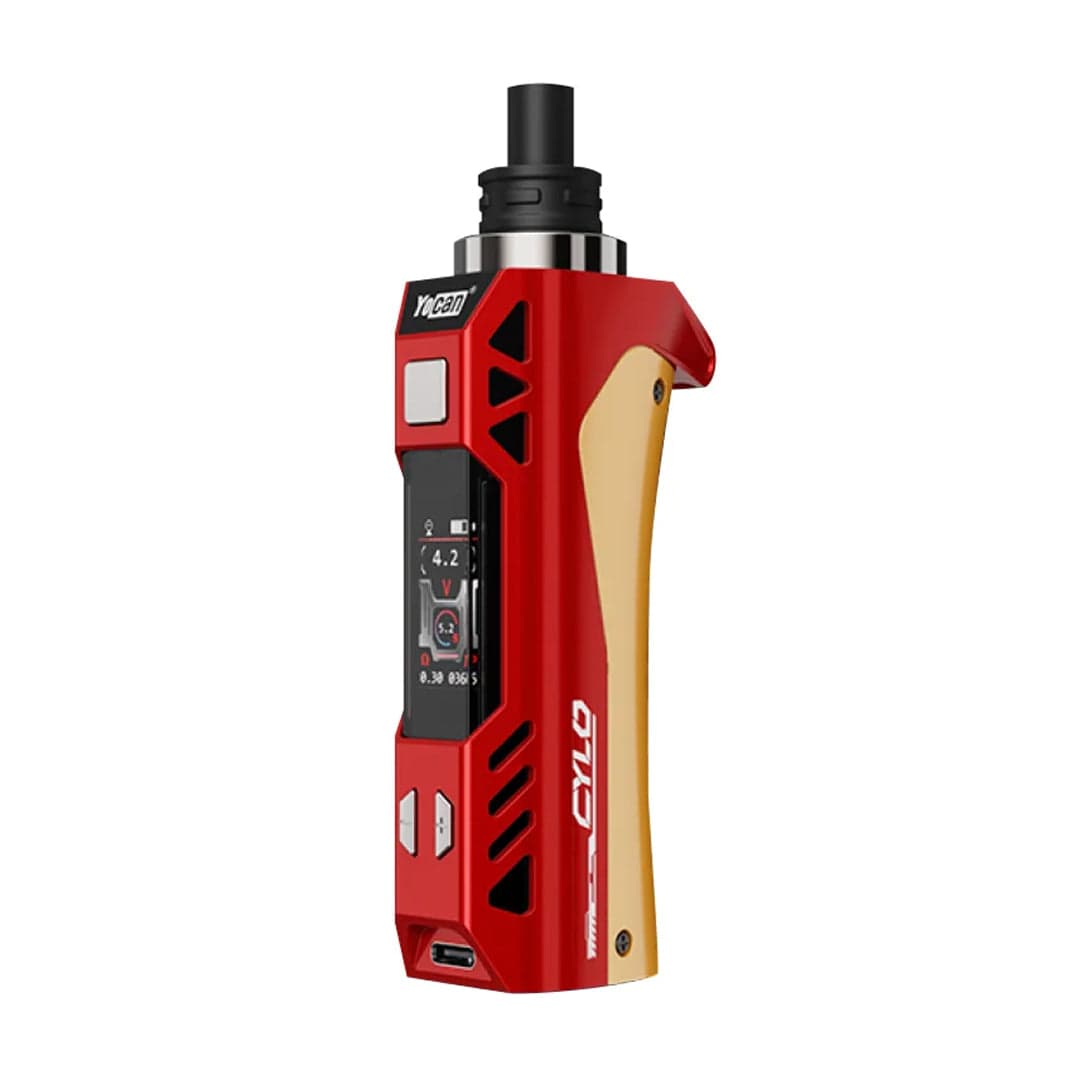 Right-side view of the red and gold Yocan Cylo vaporizer standing upright against a white background, showing its display, buttons, mouthpiece, and vented housing.