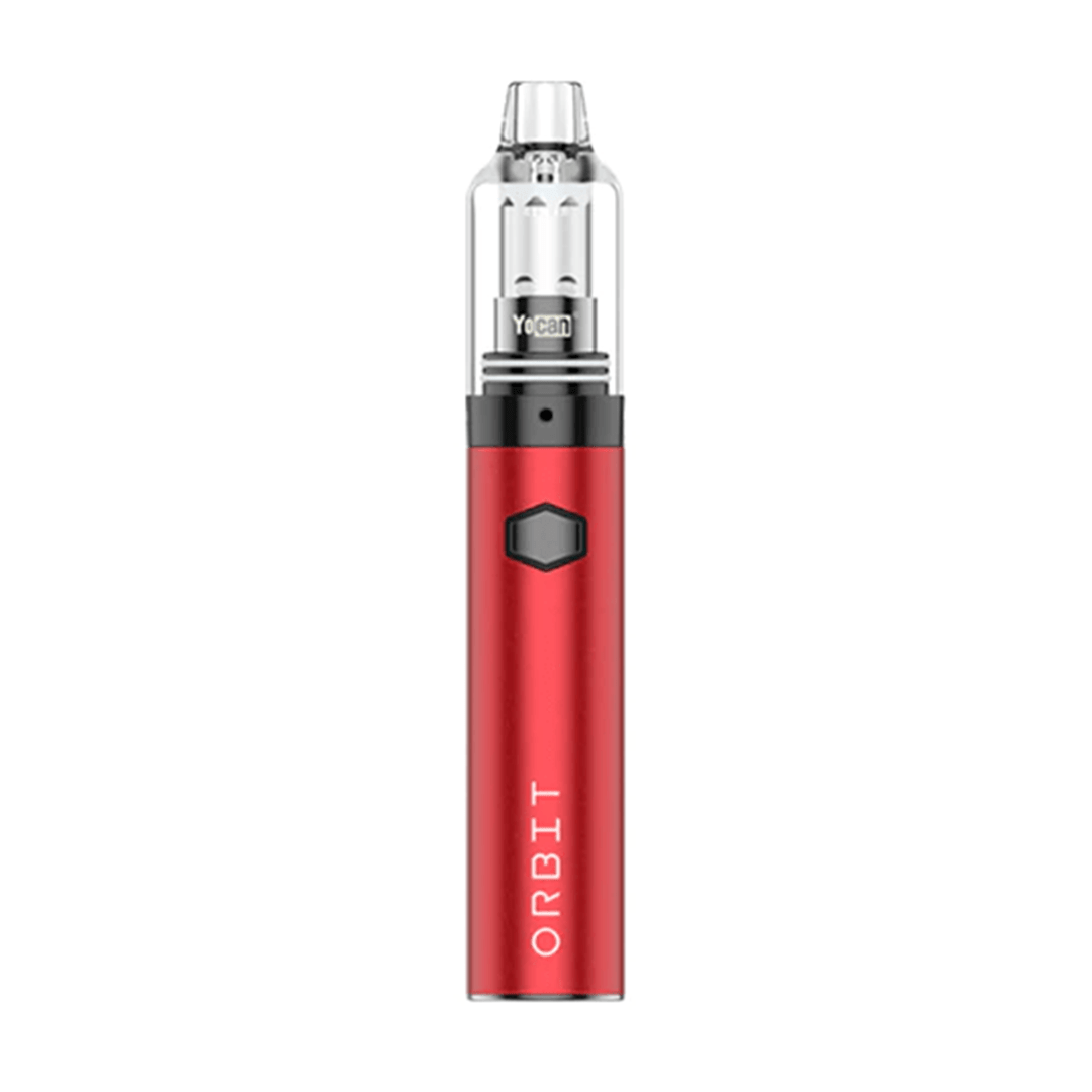 Centered front view of the red Yocan Orbit vaporizer against a white background, showing its clear top chamber, hexagonal power button, and vertical "ORBIT" text.