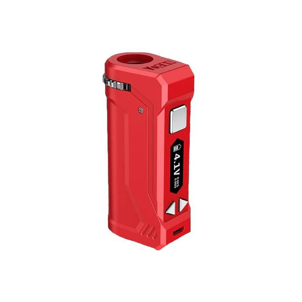 Angled front view of a red Yocan UNI Pro showing its digital display, silver control buttons, and top threading against a white background