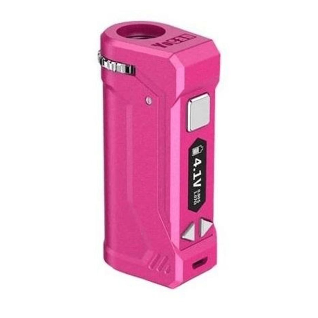 Angled front view of a rosy Yocan UNI Pro showing its rectangular body, side OLED screen reading "4.1V", square fire button, and top cartridge opening.