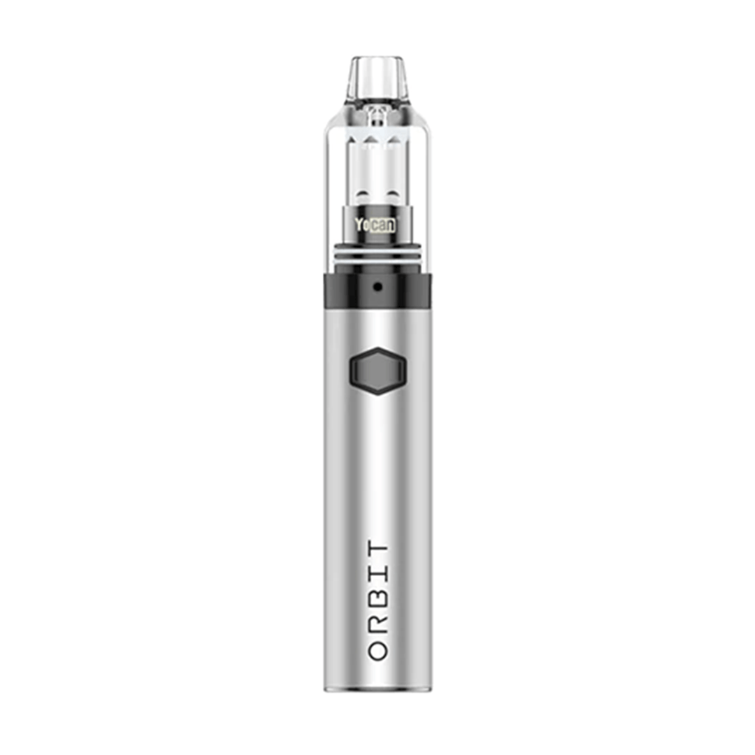 Centered front view of a silver Yocan Orbit Vaporizer standing upright on a white background, showing its clear mouthpiece, hexagonal button, and "ORBIT" branding.