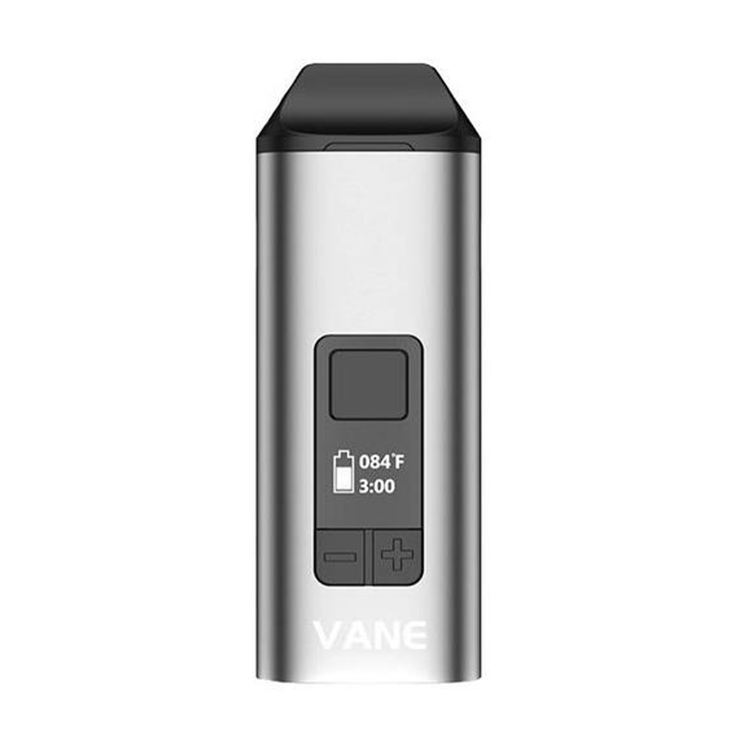 Centered front view of a silver Yocan Vane Portable Vaporizer showing its rectangular body, black mouthpiece, small display and control buttons on a white background.