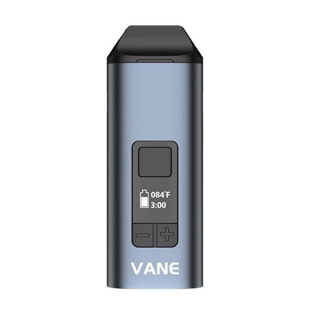 Front-facing view of the red Yocan Vane Portable Vaporizer showing its rectangular body, black mouthpiece, centered display and control buttons.
