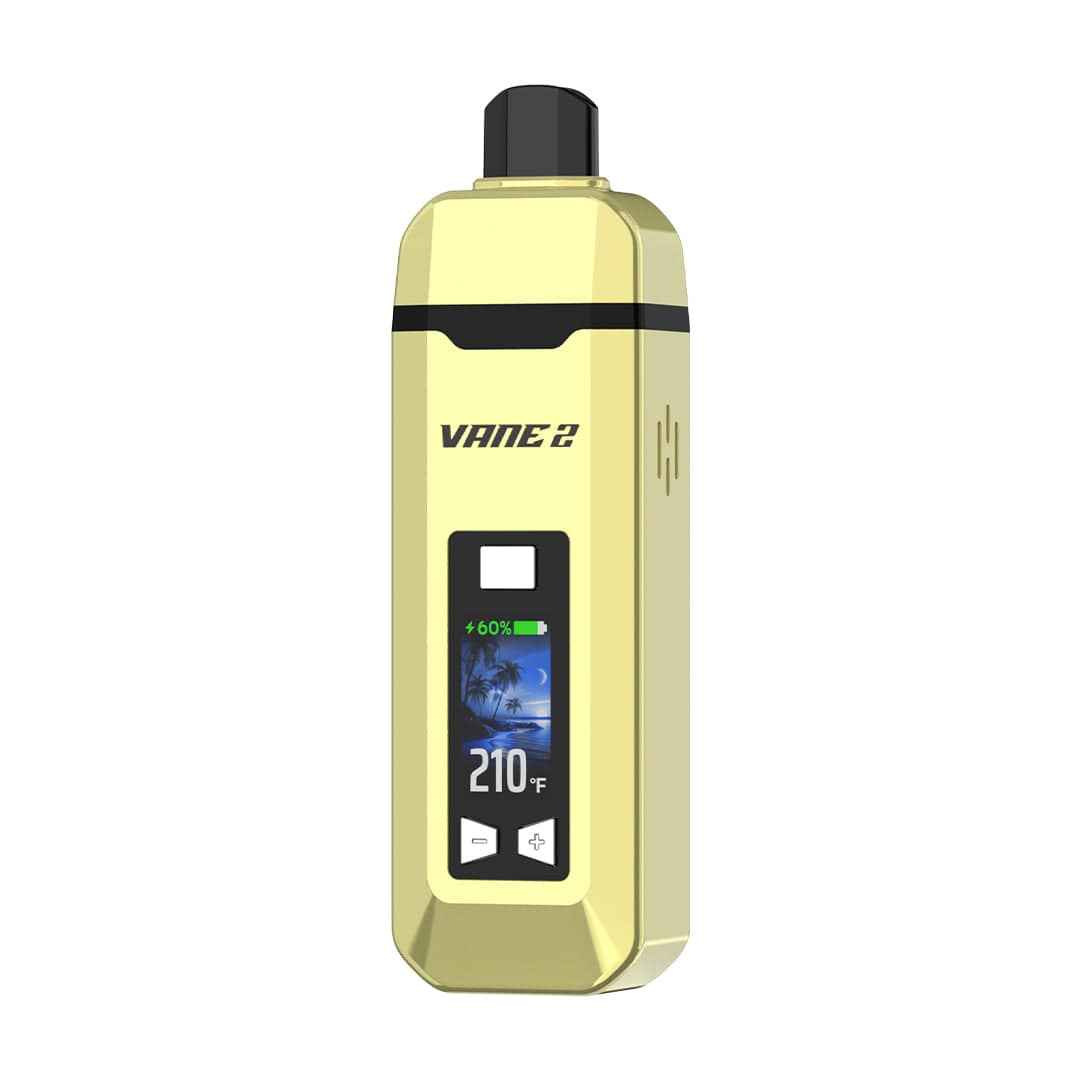 Front view of a vibrant yellow Yocan Vane 2 Vaporizer standing upright with a black mouthpiece and a centered digital display reading "210°F" against a white background