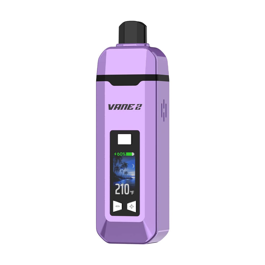 Straight-on view of a violet Yocan Vane 2 Vaporizer showing its rectangular body, black mouthpiece, front display with temperature reading and small control buttons.