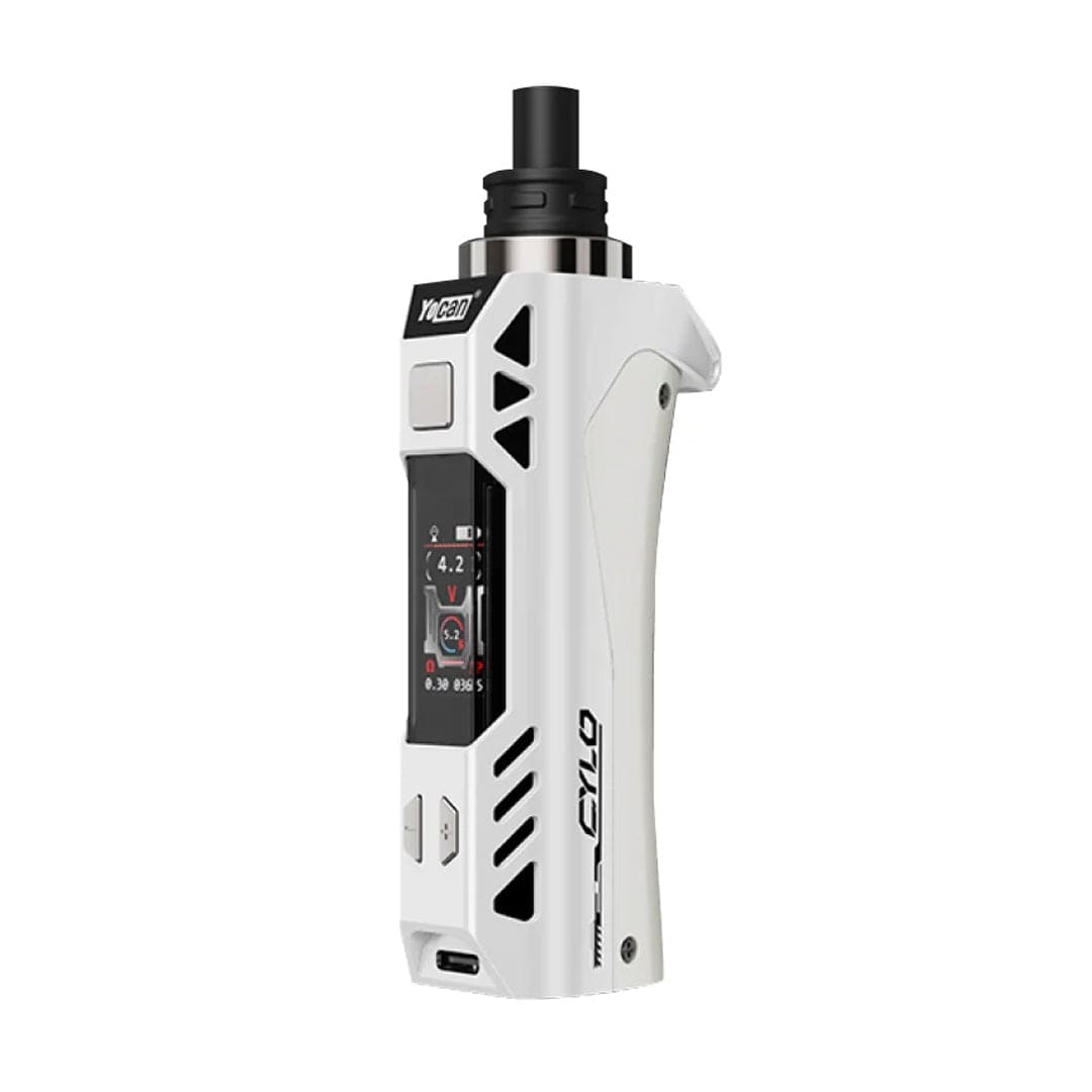 Angled front view of the white Yocan Cylo Vaporizer showing its black mouthpiece, side display screen, triangular vents, and curved ergonomic grip.