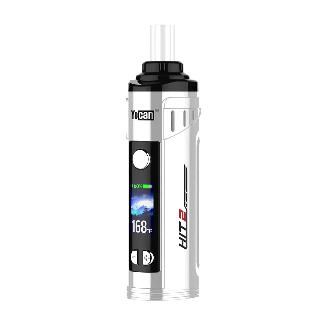 Centered front view of the white Yocan Hit 2 Vaporizer showing its black control panel, round power button, color temperature display reading 168°F, and clear mouthpiece.