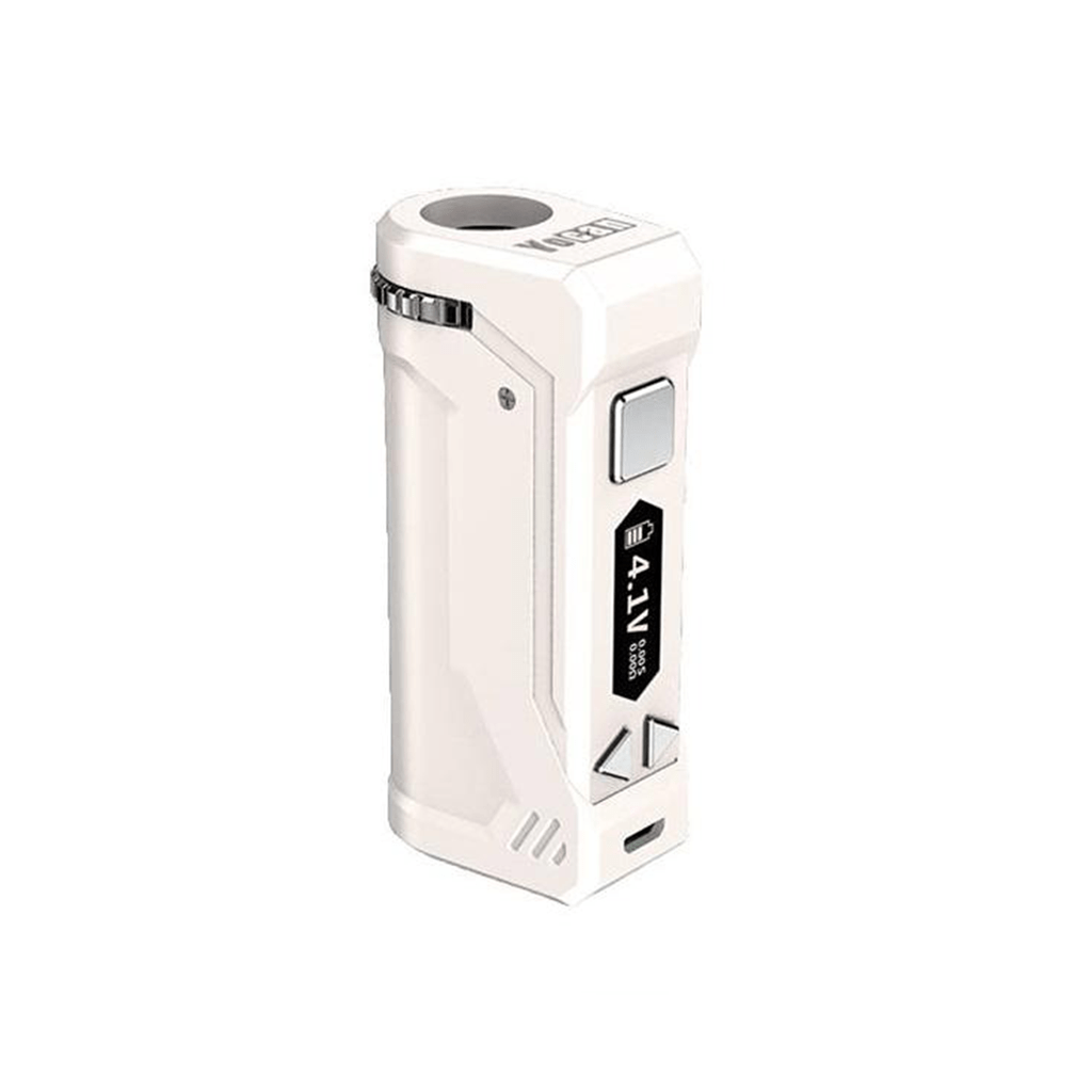 Three-quarter front view of the Airy Blue Yocan UNI Pro showing its rectangular body, top threading, side buttons and small vertical display.