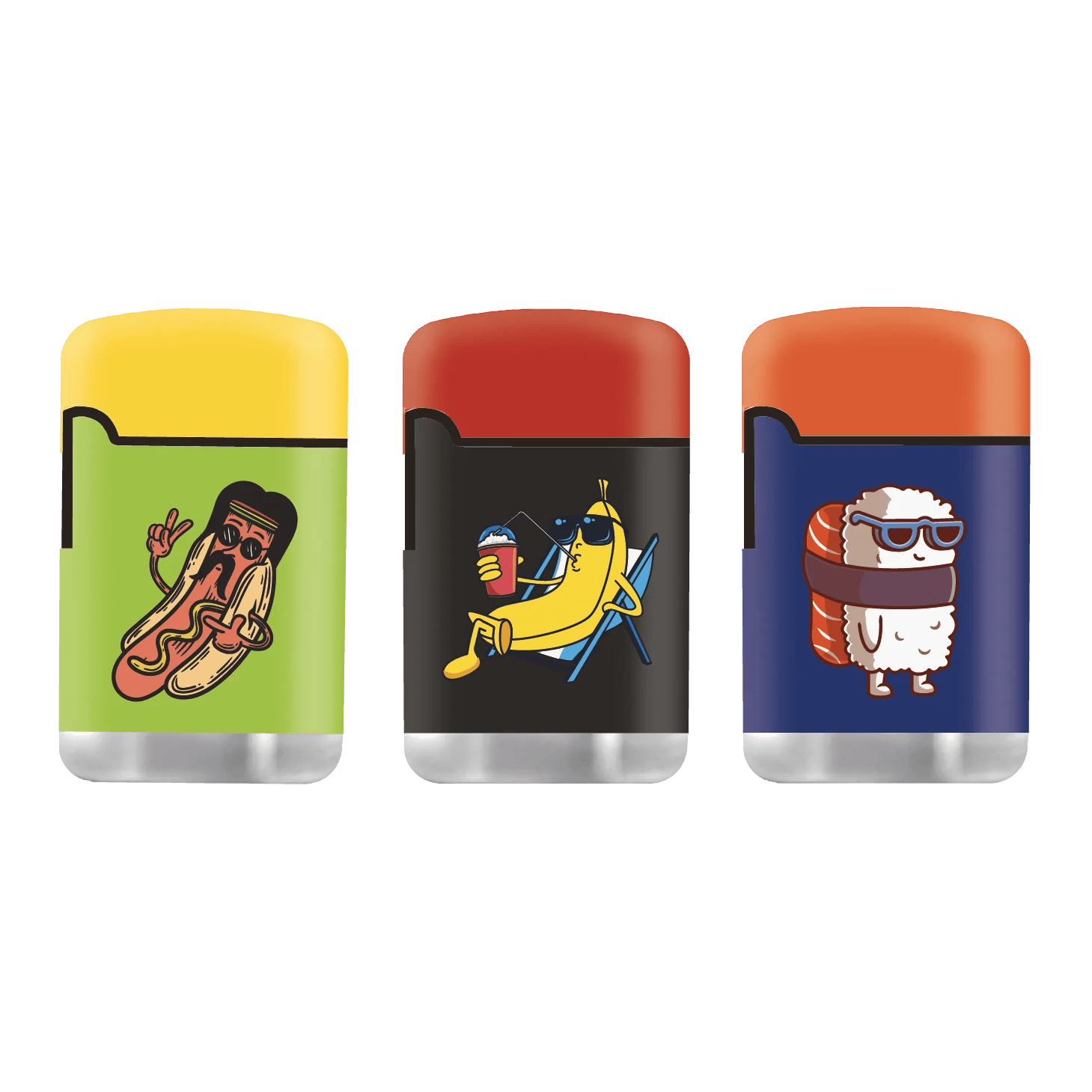 Front view of the Zengaz Lighter 3 Packs, each with a colorful cartoon design on a silver metallic background.