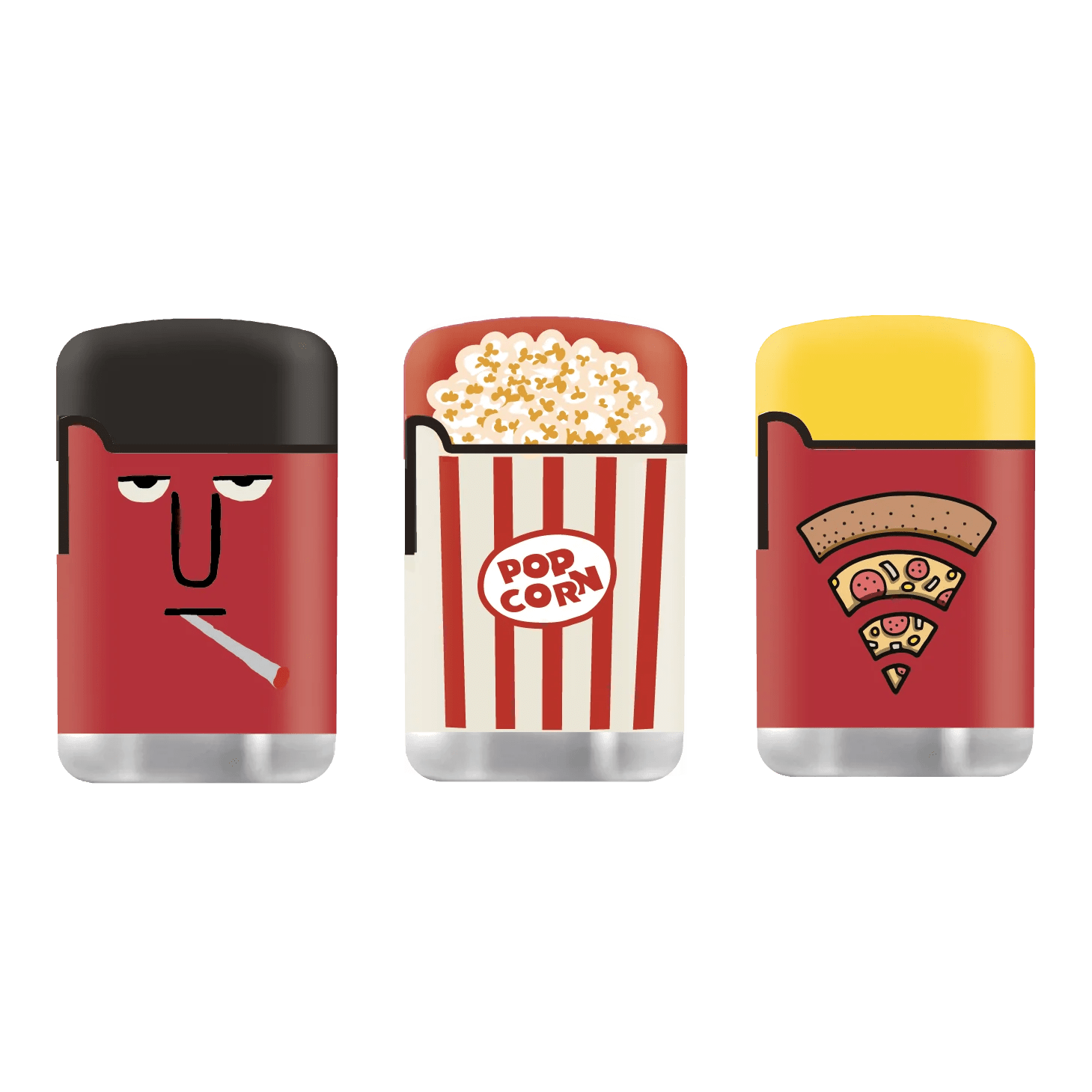 A studio shot of the three Zengaz Lighter packs, each with a red and white striped body resembling a popcorn container.