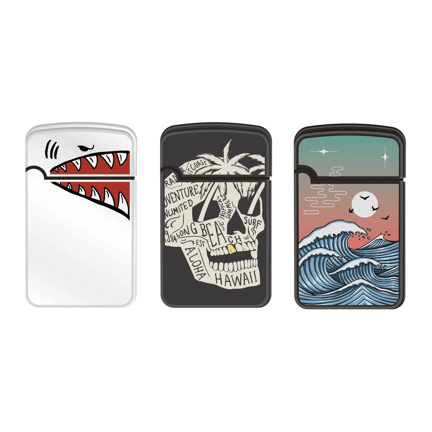 A vibrant close-up of the three Zengaz Lighter packs, each featuring unique, colorful graphic designs on a dark background.