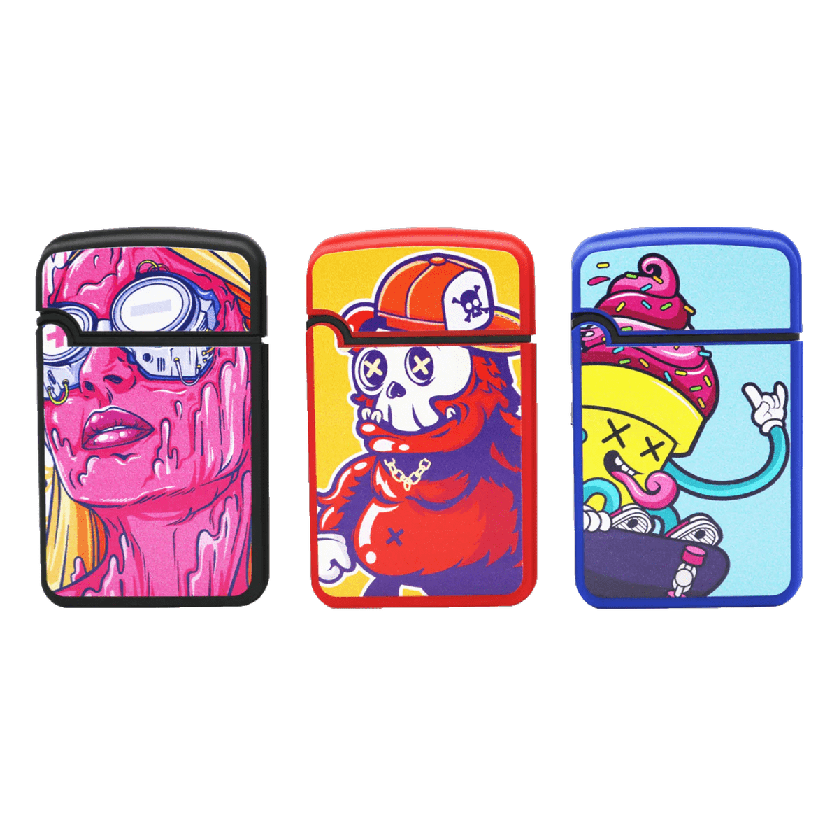 A vibrant close-up of the Zengaz Lighter 3 Packs, each featuring unique, colorful cartoon designs on a metallic finish.