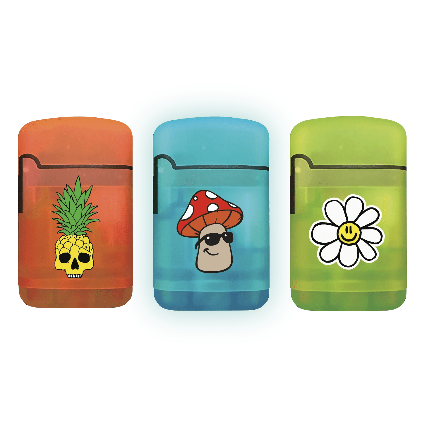 Front view of the Zengaz Lighter 3 Packs, each with a unique, colorful, cartoon graphic on a white background.