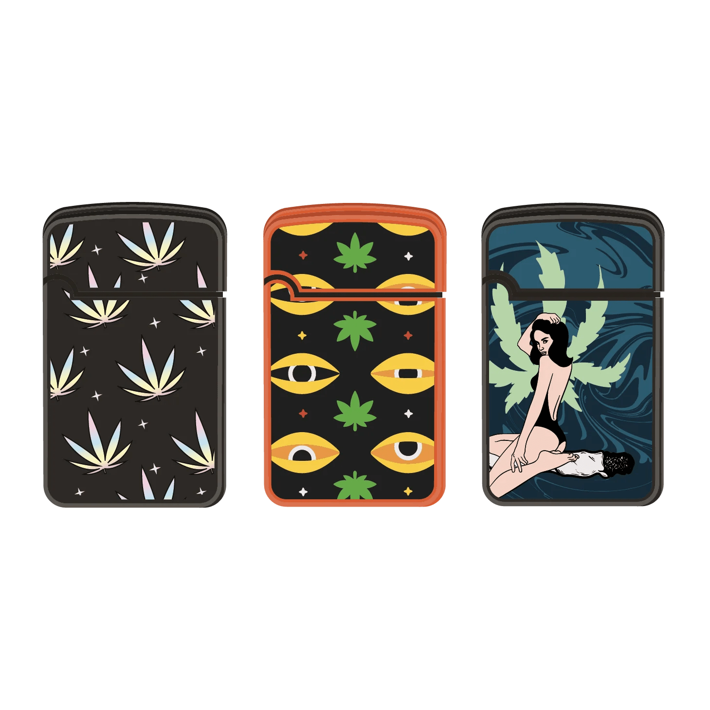 A close-up of the Zengaz Lighter 3 Packs, showcasing colorful, illustrative designs on each lighter’s metallic surface.