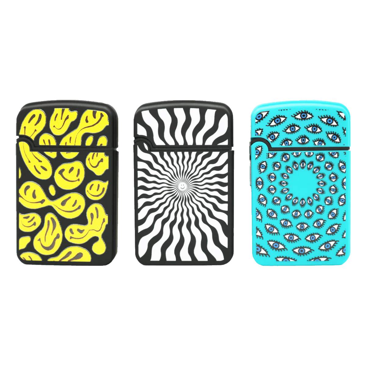 Front view of the three Zengaz Lighter 3 Packs, each with a unique patterned design on a stark white background.