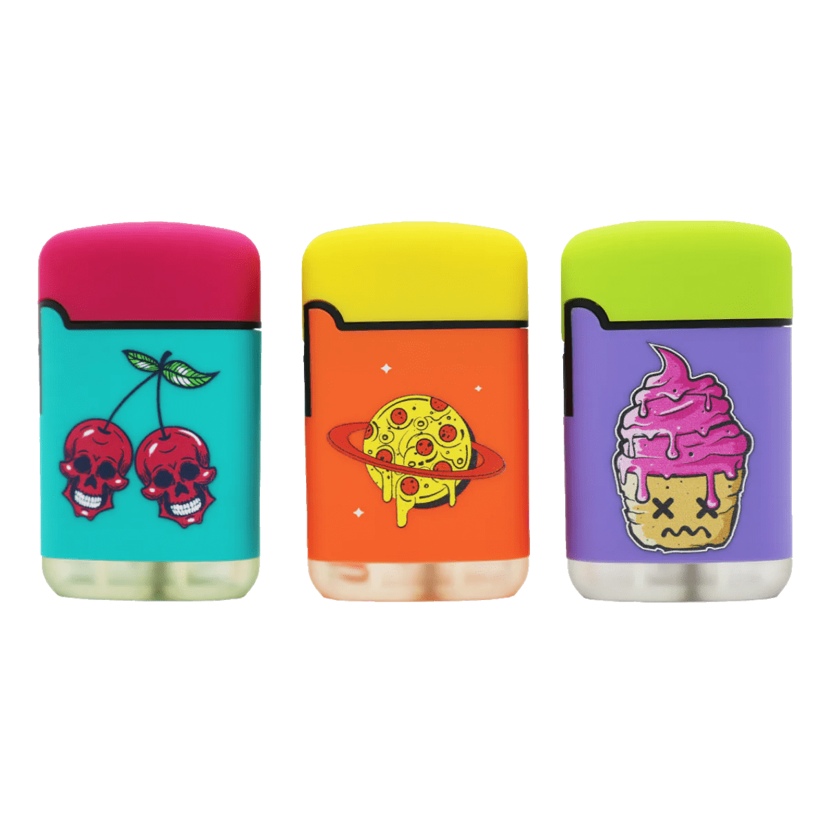 A vibrant, front-view composition of the Zengaz Lighter 3 Packs, each with unique, colorful graphic designs on a white background.