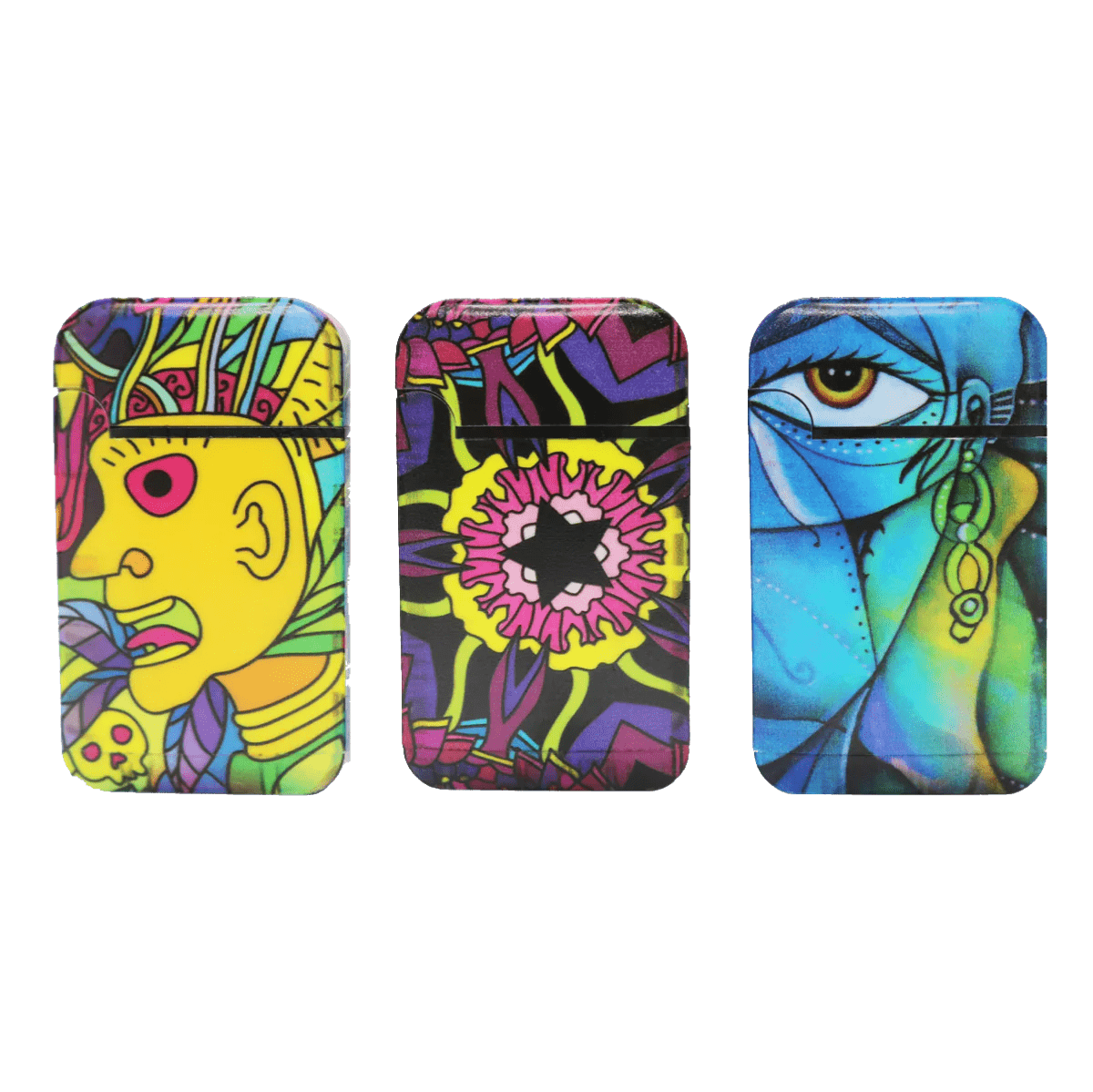 A close-up, top-down view of the three Zengaz Lighter packs, each displaying a unique colorful design against a plain background.