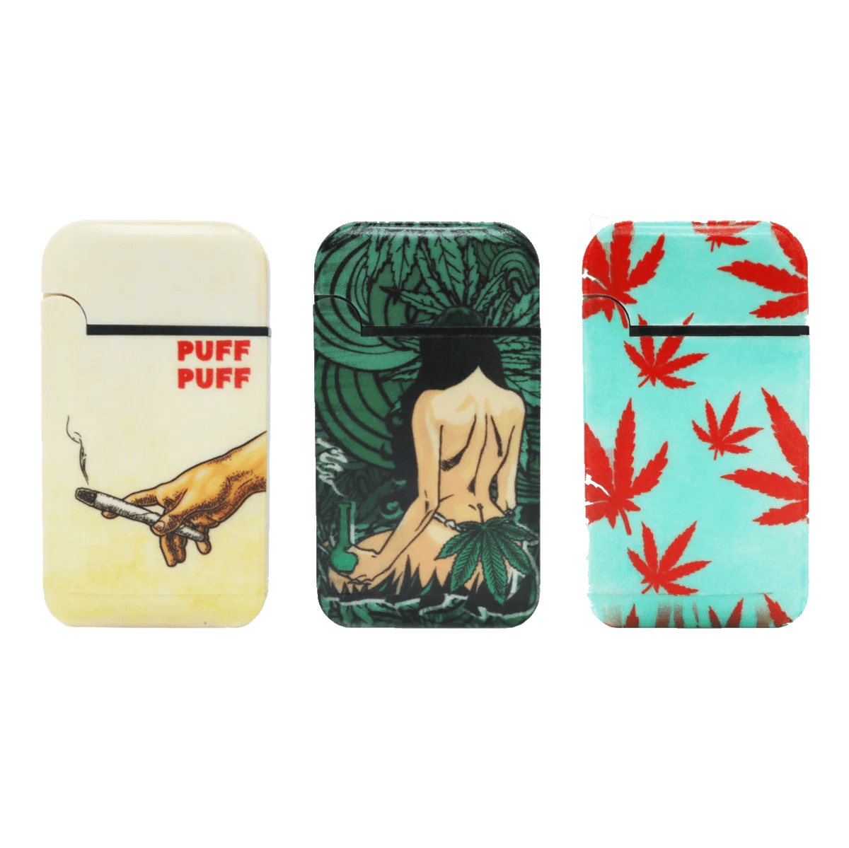 A close-up of the three Zengaz Lighter packs, each displaying unique, colorful designs on a metallic finish.