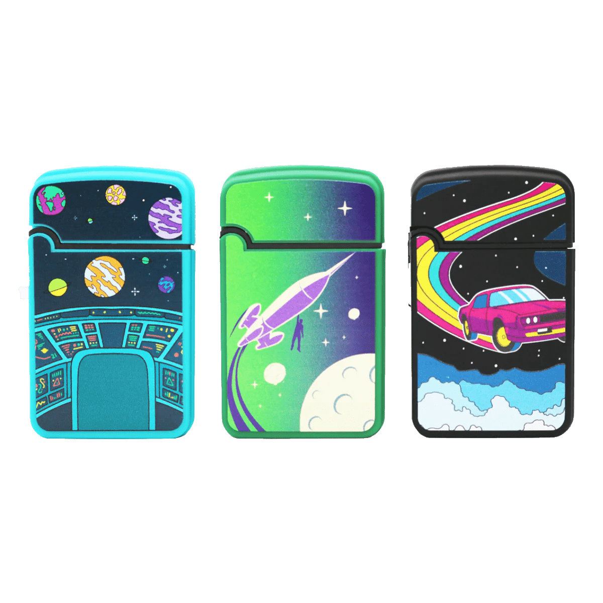 A vibrant overhead shot of the Zengaz Lighter 3 Packs, featuring colorful, space-themed designs against a white background.